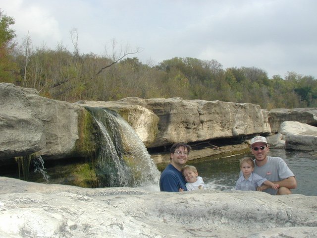 2001-11-12-Camping-McKinney-Falls-10-Chance-Travis-Matt-Jack.JPG