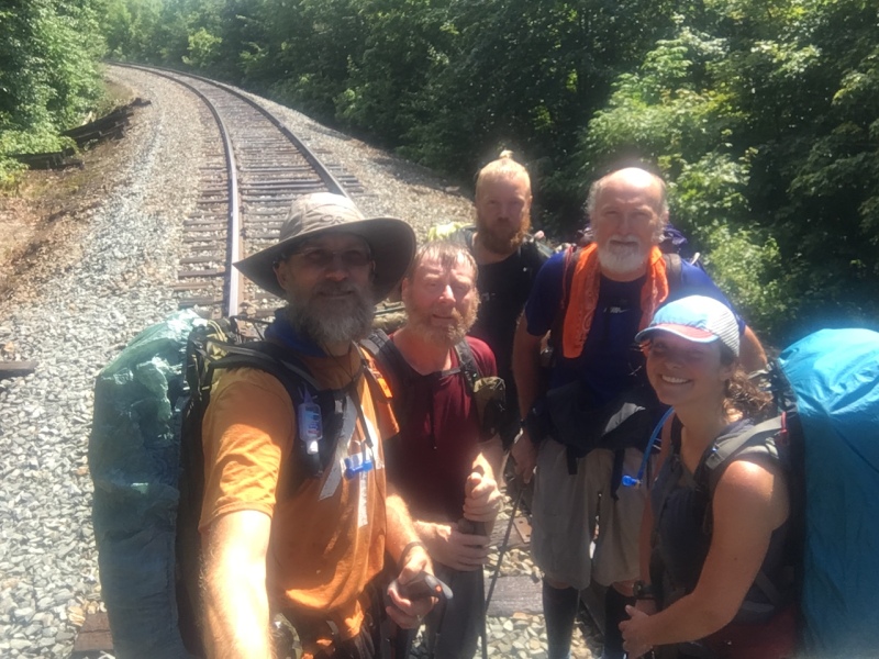 2016-08-06-Appalachian-Trail-597-Bevo-JustGreg-TopKnot-GrandDaddyLongLegs-Golly-train-track-selfie.JPG