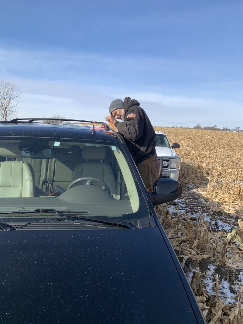 2019-11-12-Pheasant-Hunting-04-Brian-rescues-Dans-car-after-Tim-locked-the-keys-in-it.JPG