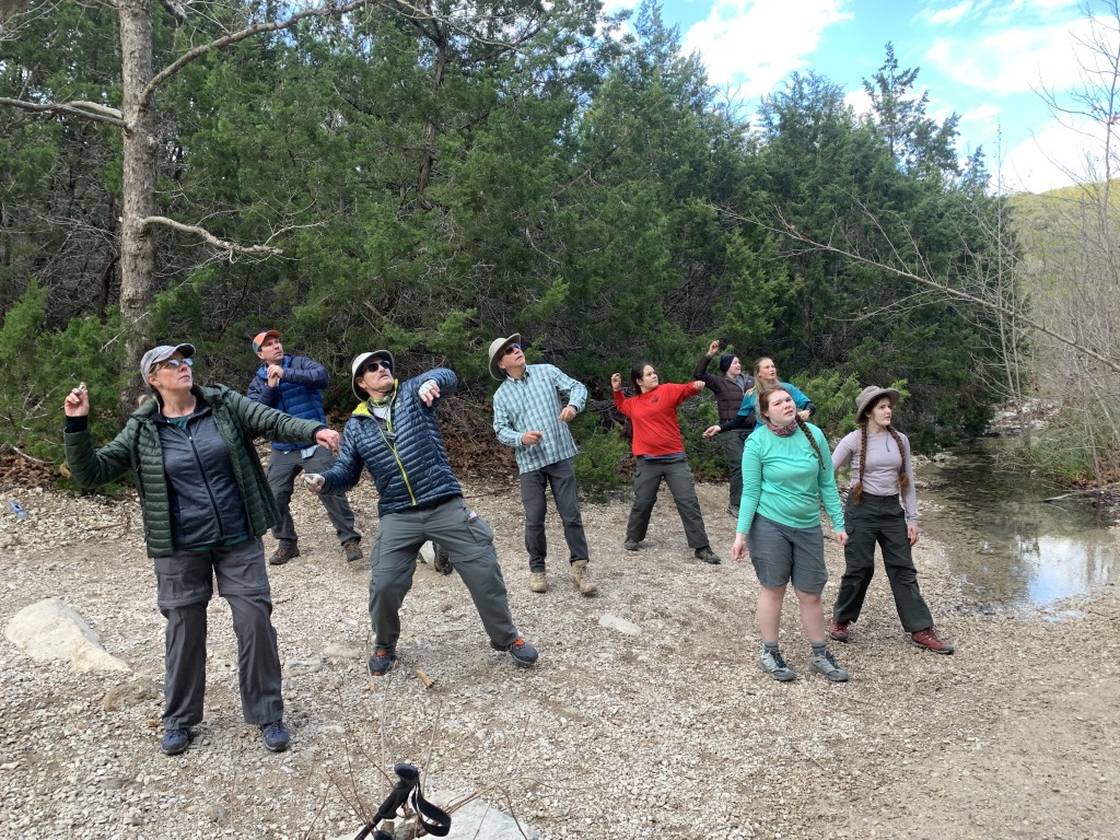 2020/01(January)/Crew-8787-Lost-Maples-Camping/1024x768_2020-01-19-Crew-8787-Lost-Maples-Camping-03-Terrie-Carl-Guy-Addison-Nicole-Megan-Izzy-throwing-rocks.JPG